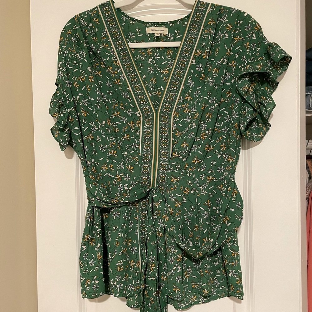 Maeve Green Floral V-Neck Ruffle Sleeve Blouse